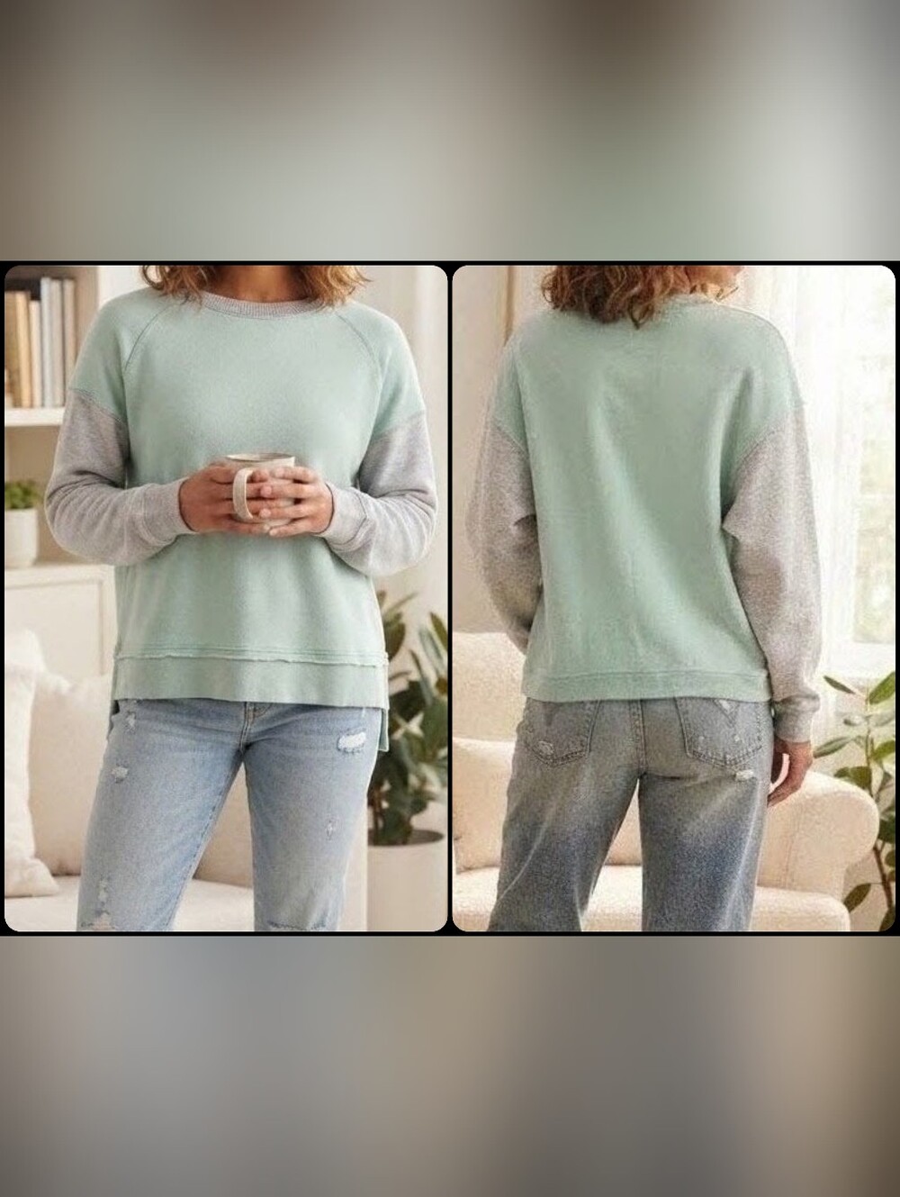 American Eagle Cozy Two-Tone Mint & Gray Long Sleeve Jeggins Fit Crewneck - S